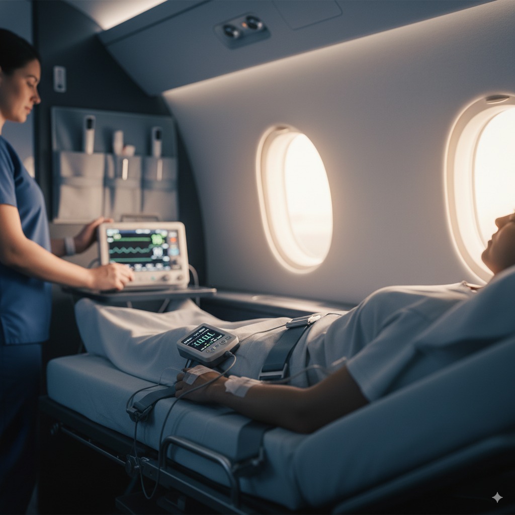 Medical monitor inside an air ambulance prepared for a flight from Chenango Bridge, New York